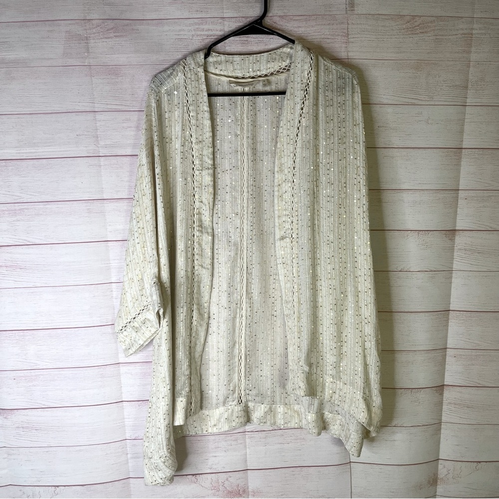 Soft Surroundings Cream‎ Open Front Gold Sequin Cardigan Size Medium